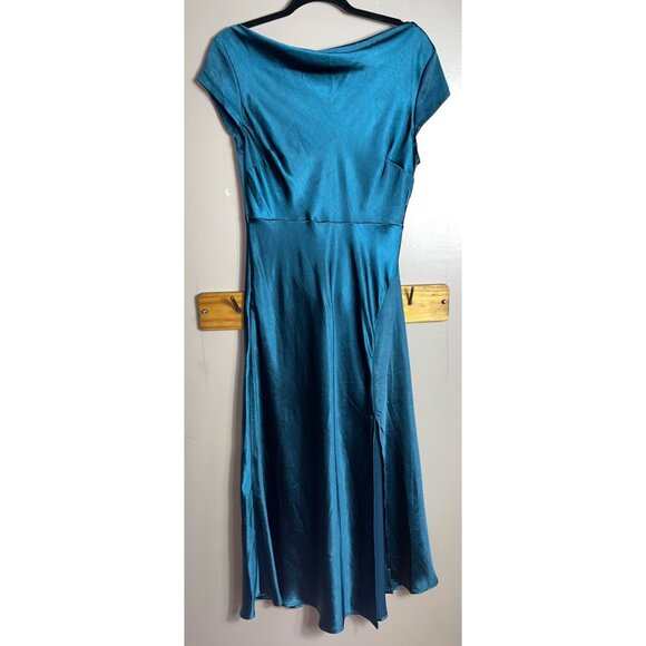 Teal Satin Dress Cap Sleeve Cowl Midi Maxi Formal Party Occasion Glam Womens L - Picture 3 of 13